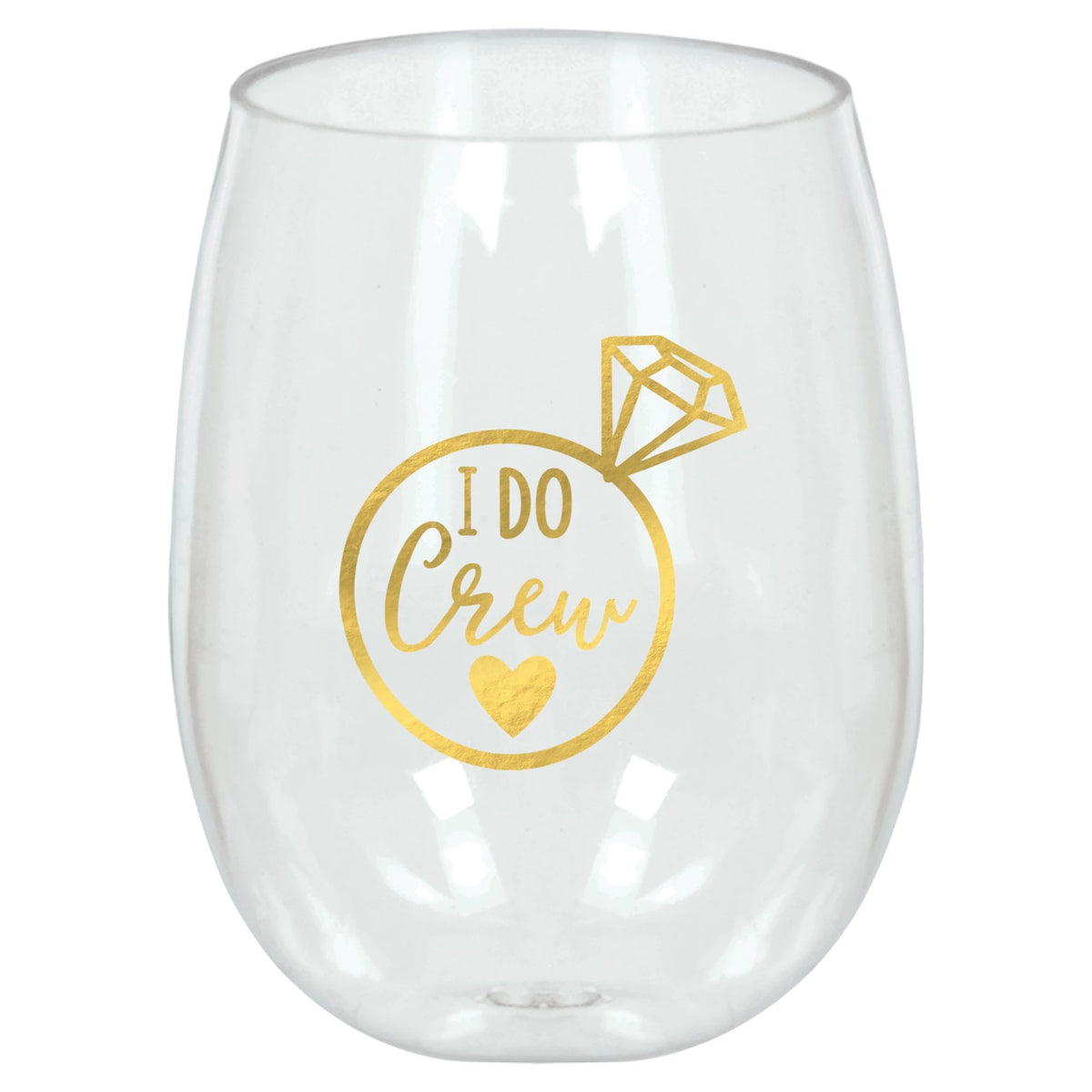 "I Do Crew" Plastic Stemless Wine Glass, Clear/Gold, 18-oz - Case of 32
