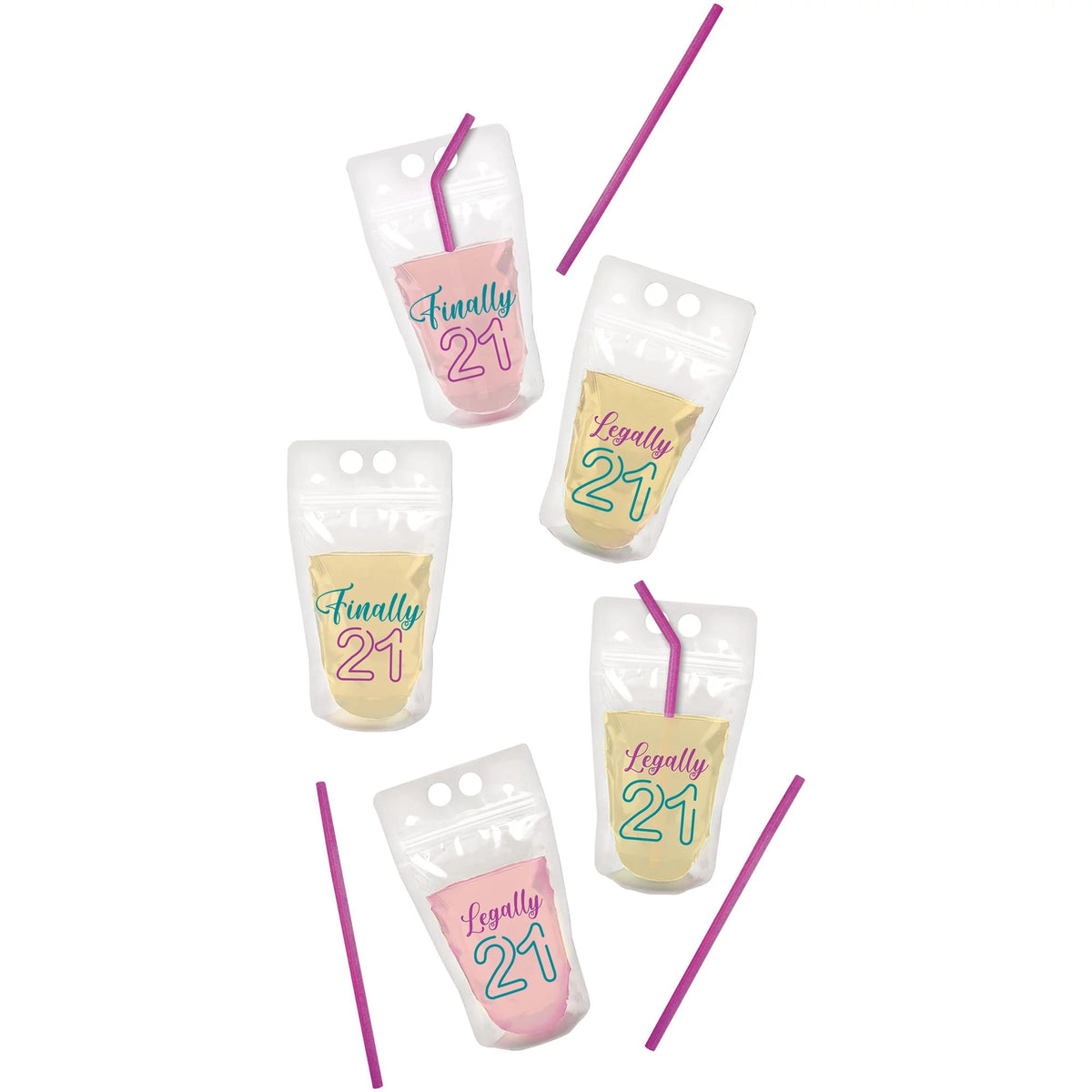 Finally 21 Party Pouches with Straws, 8-pcs - Case of 48