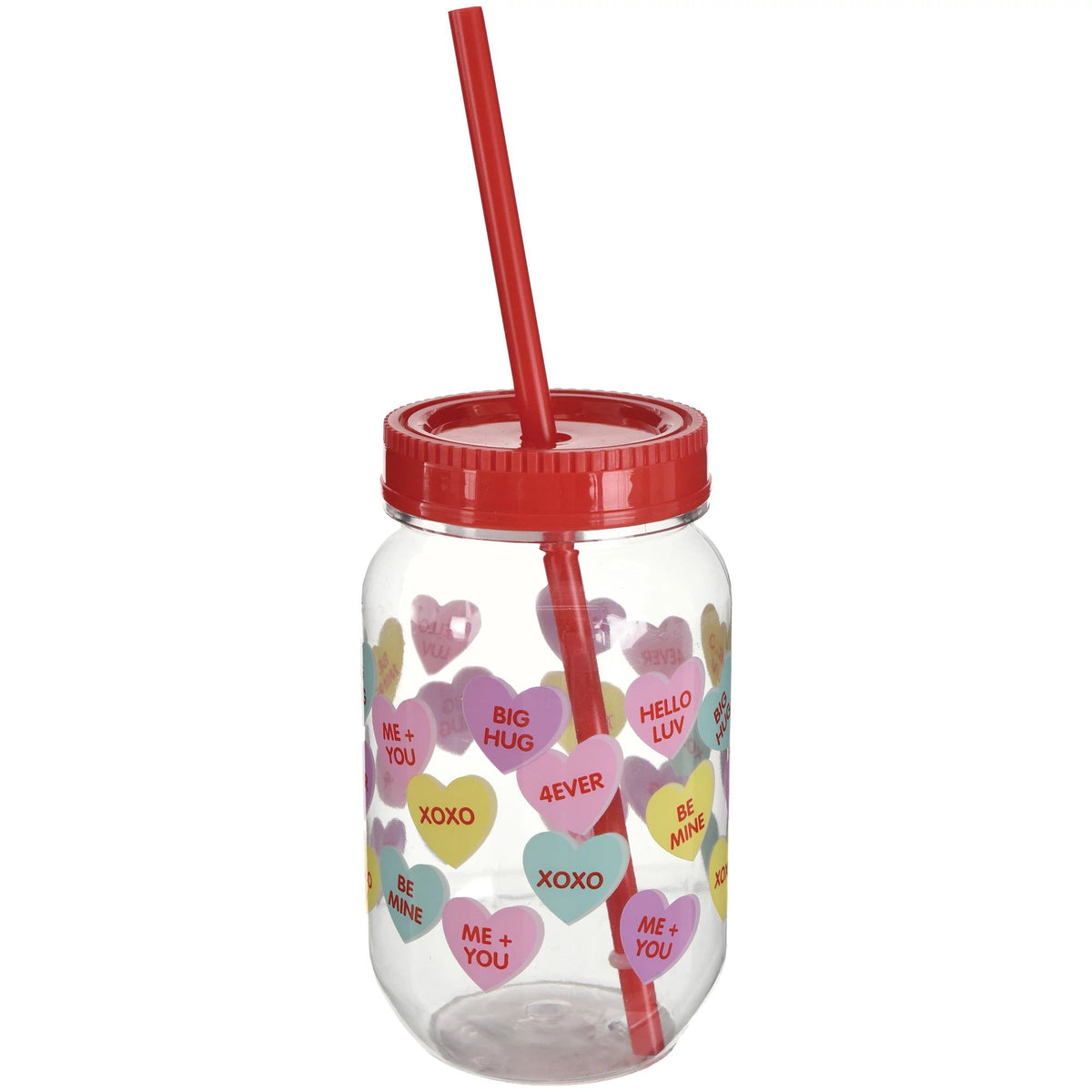 Valentine's Day Heart Plastic Mason Jar Cup with Straw, 18.6 oz - Pack of 3