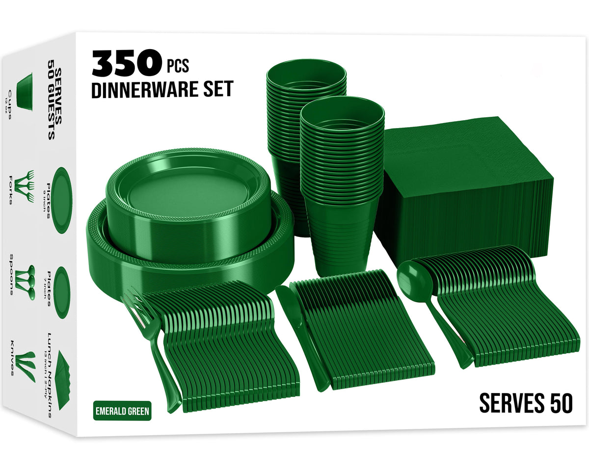 350 Pcs Emerald Green Plastic Disposable Tableware Set