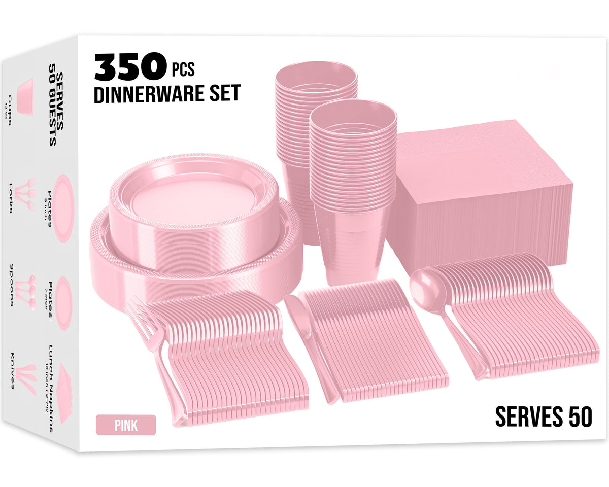 350 Pcs Pink Plastic Disposable Tableware Set