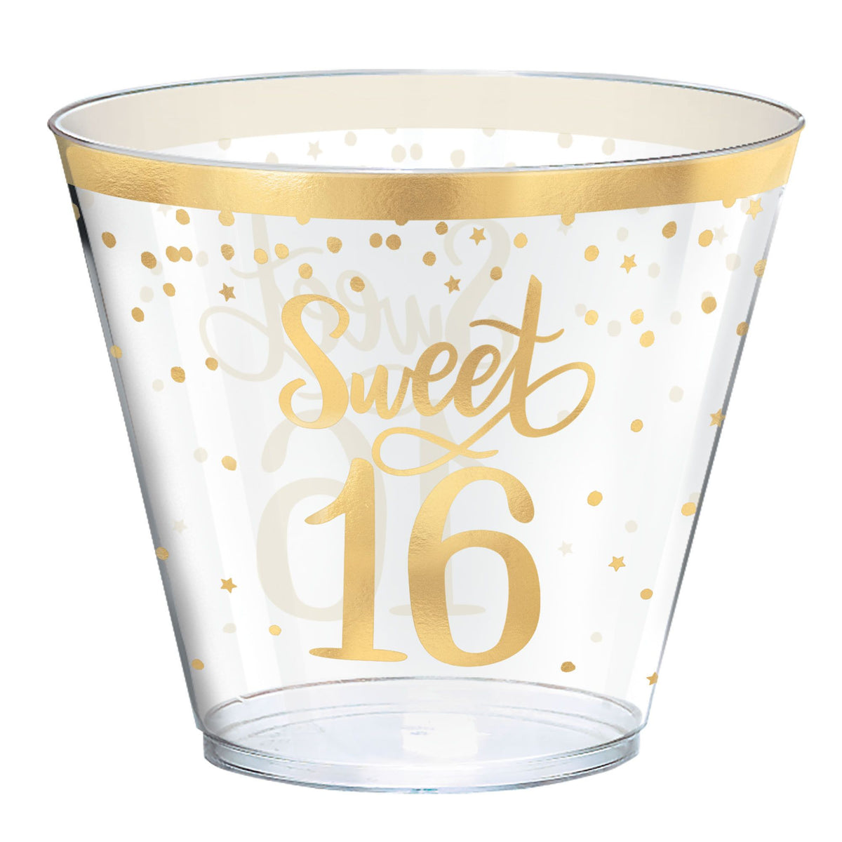 Sweet 16 Plastic Reusable Tumbler Cups, Clear/Gold, 16-oz, 30-ct - Pack of 6