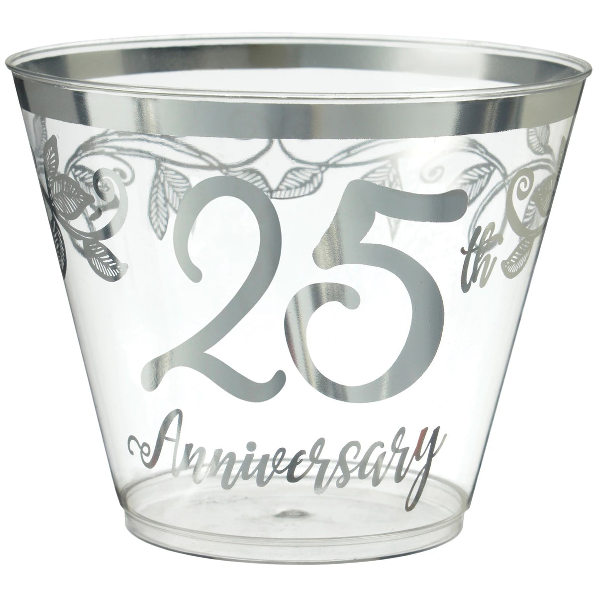 25th Anniversary Plastic Tumbler Cups, Clear/Silver, 9-oz, 30-ct - Case of 24