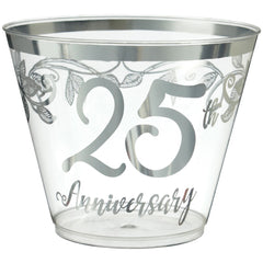 25th Anniversary Plastic Tumbler Cups, Clear/Silver, 9-oz, 30-ct - Case of 24