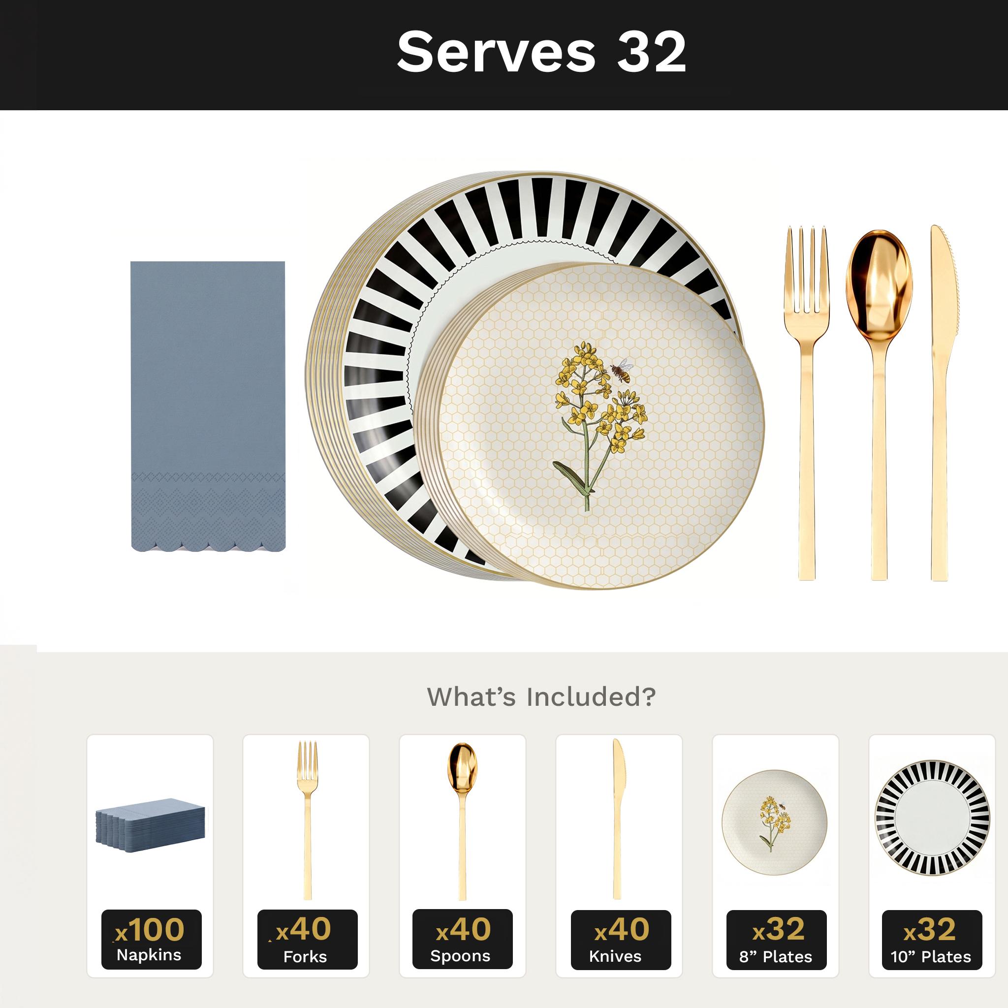 Earthtrends Nectar Ultimate Set | Plates, Gold Cutlery & Napkins | Serves 32