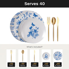 Botanical Deluxe Set | Plates & Gold Cutlery | Serves 40