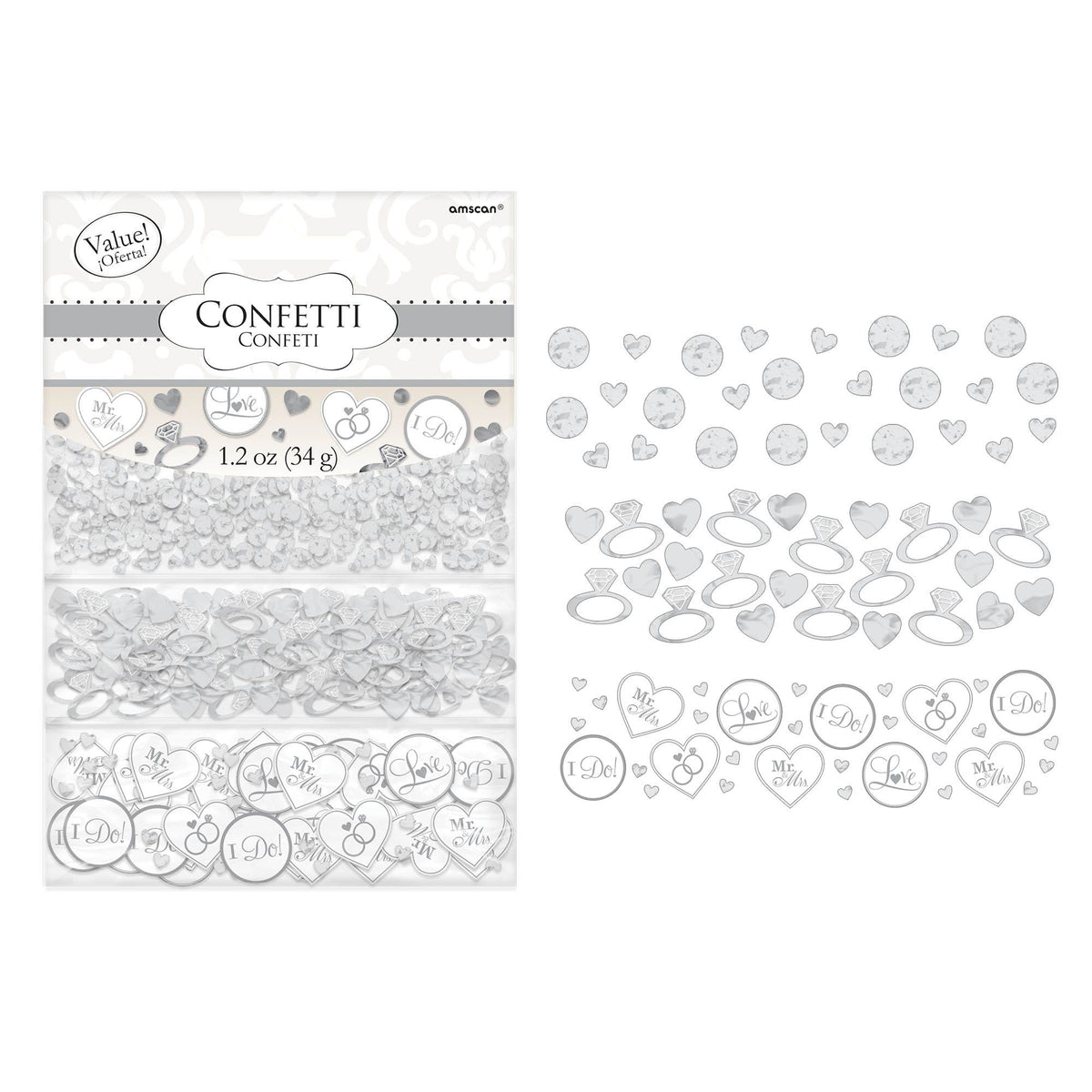 I Do Hearts/Rings/Circles Confetti, Silver, 1.2-oz - Case of 72