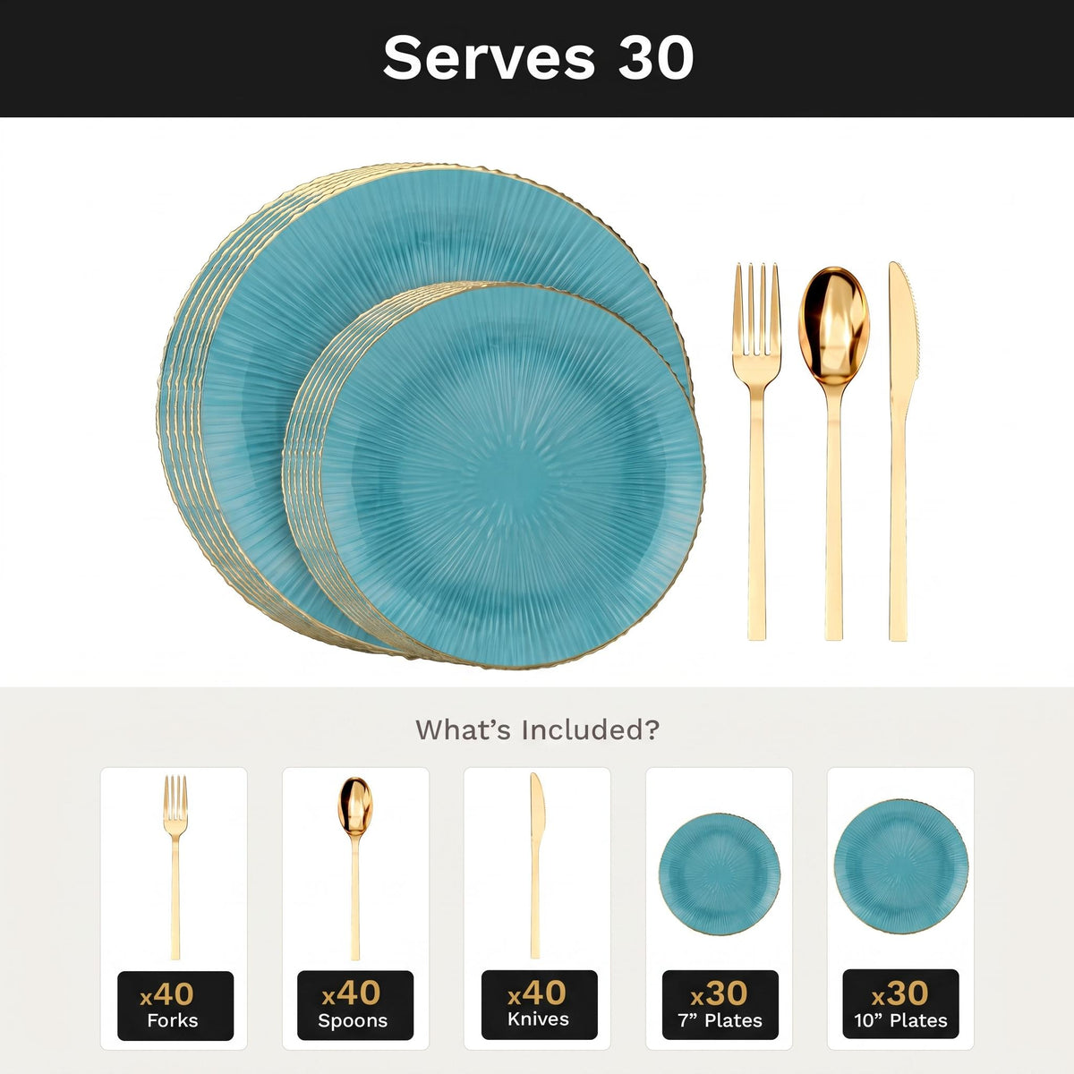 Turquoise Burst Deluxe Set | Plates & Gold Cutlery | Serves 30