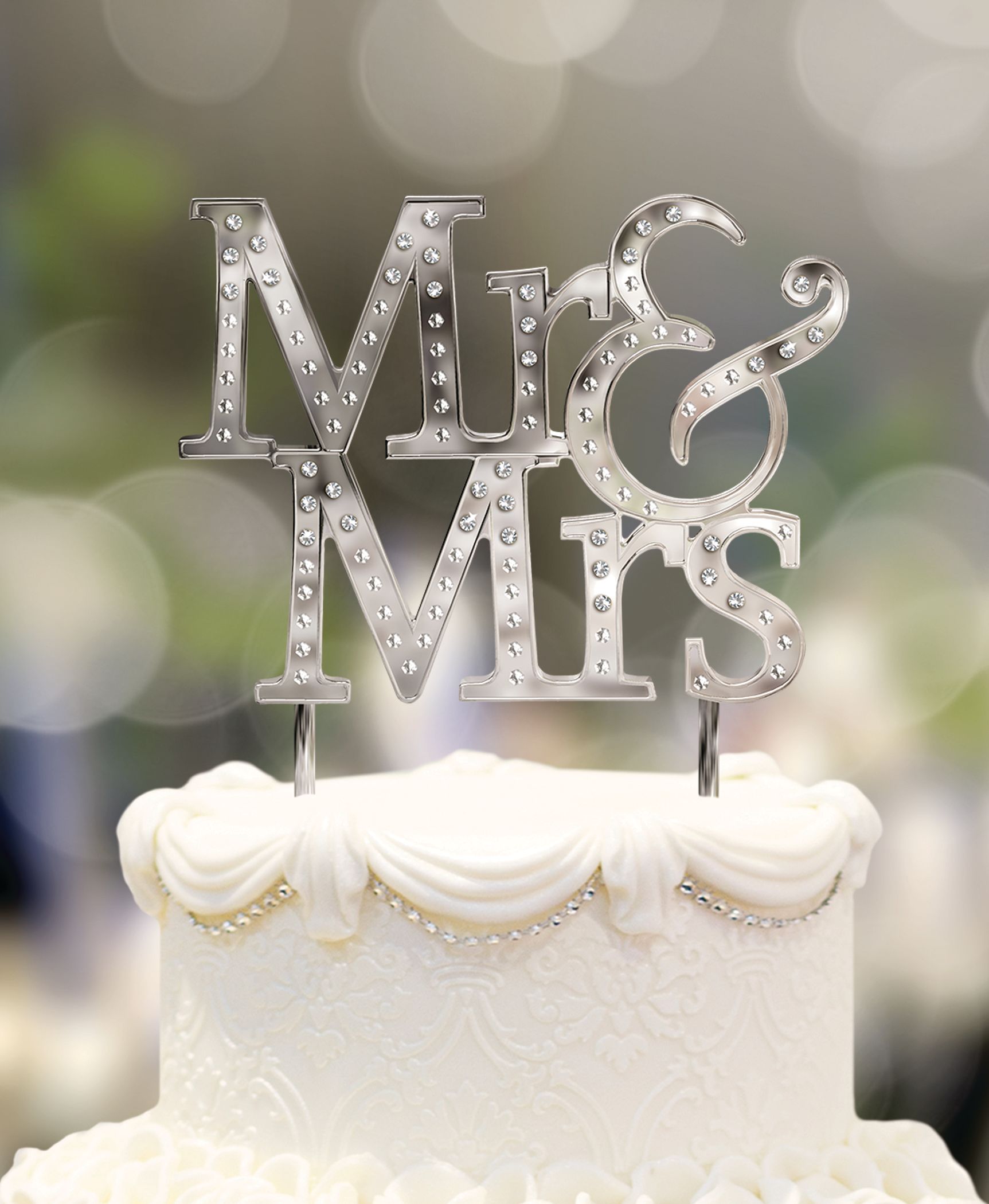 Mr & Mrs Rhinestone Cake Treat Topper, Silver, 5-in