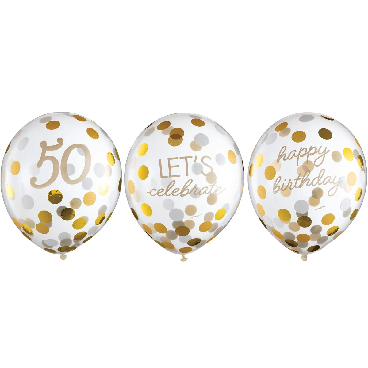 Golden Age 50 Round Transparent Confetti Latex Balloons, Gold, 12-in, 6-pk