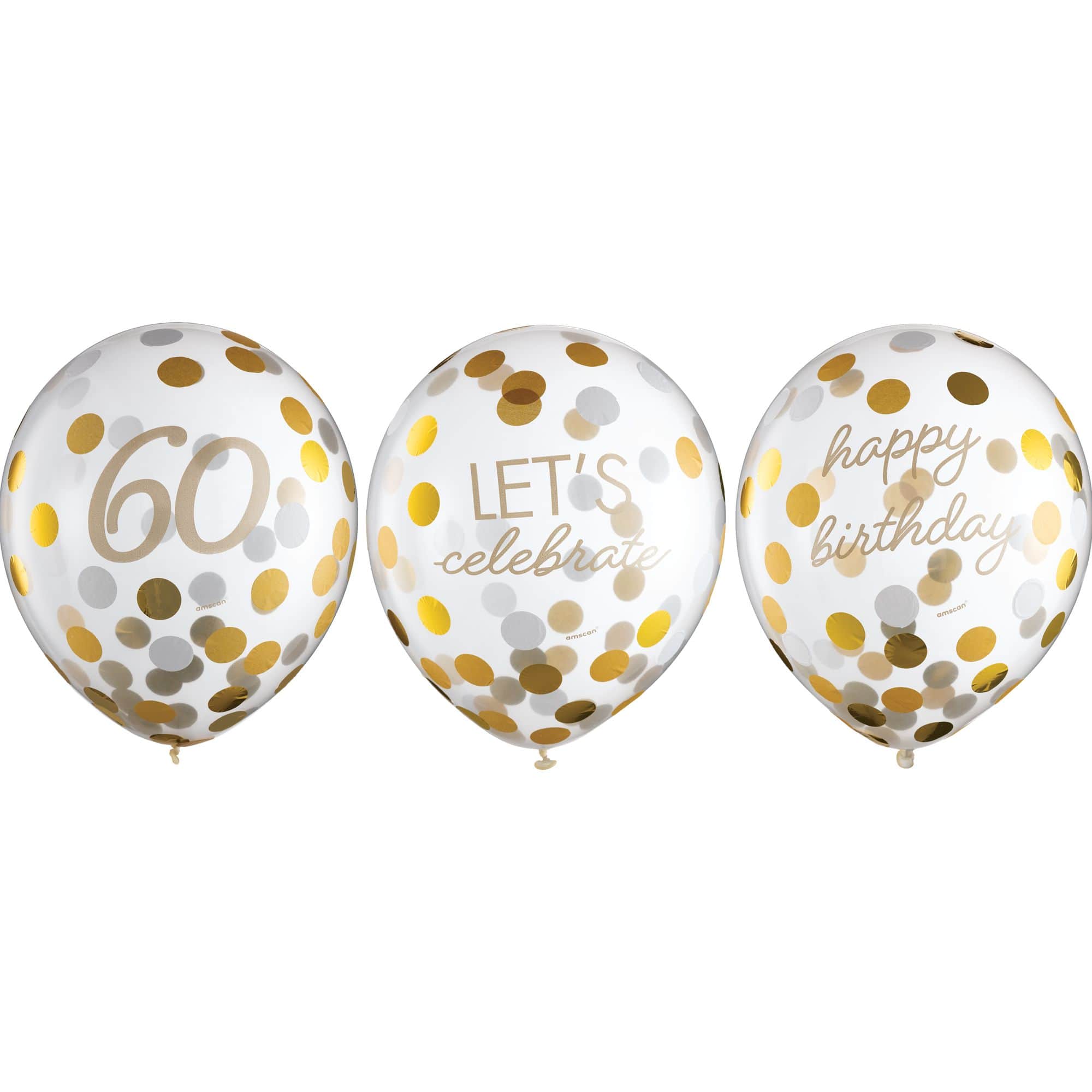 60 Round Transparent Confetti Latex Balloons, Gold, 12-inch, 6-pk