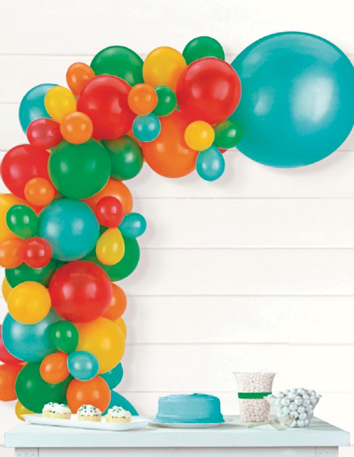 Round Latex Balloon Garland Kit, Blue/Red/Orange, Green