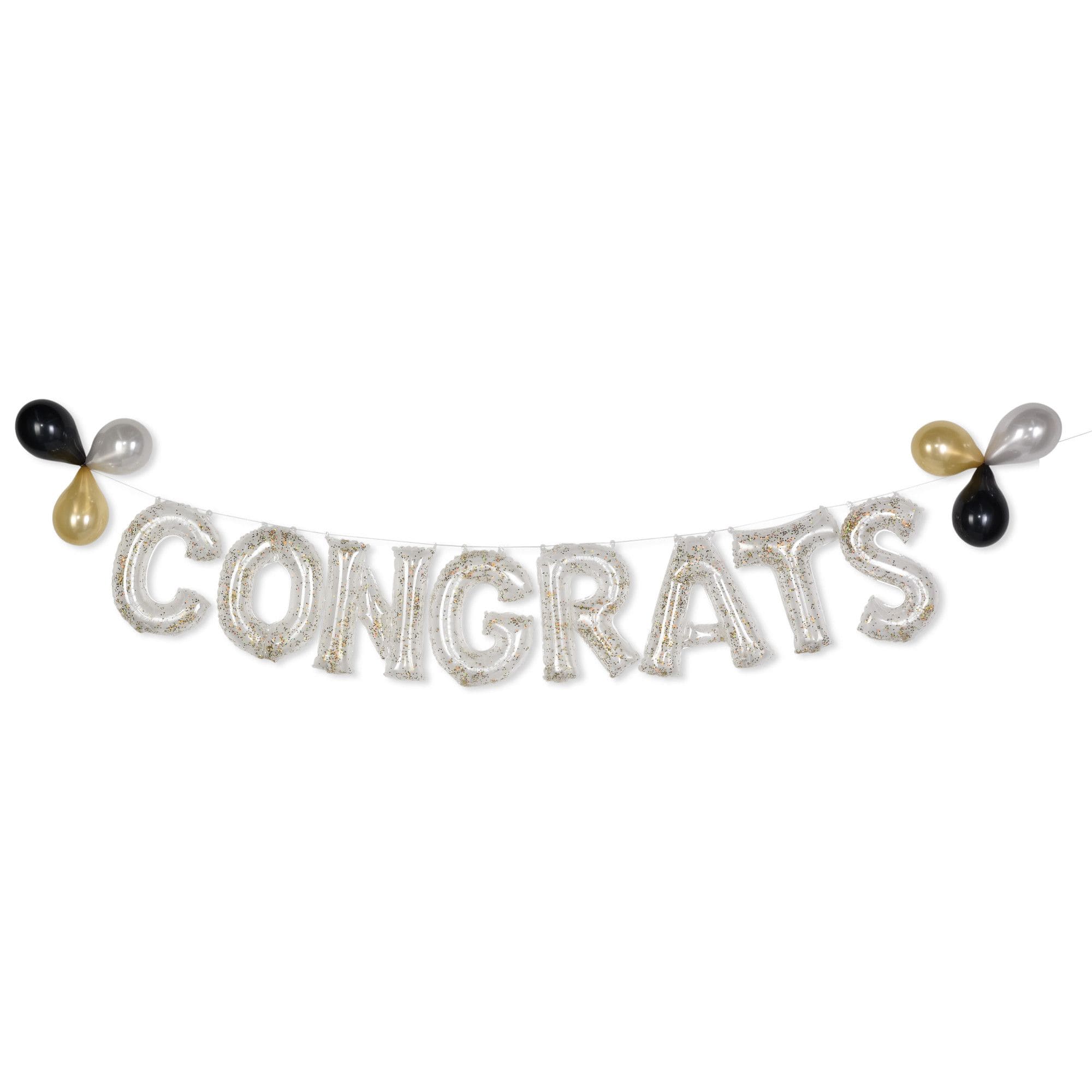Congrats Letters Transparent Confetti Foil Balloon Banner, Gold, 8.5-in