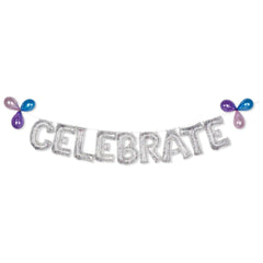 Celebrate Letters Transparent Confetti Foil Balloon Banner, Silver, 8.5-in
