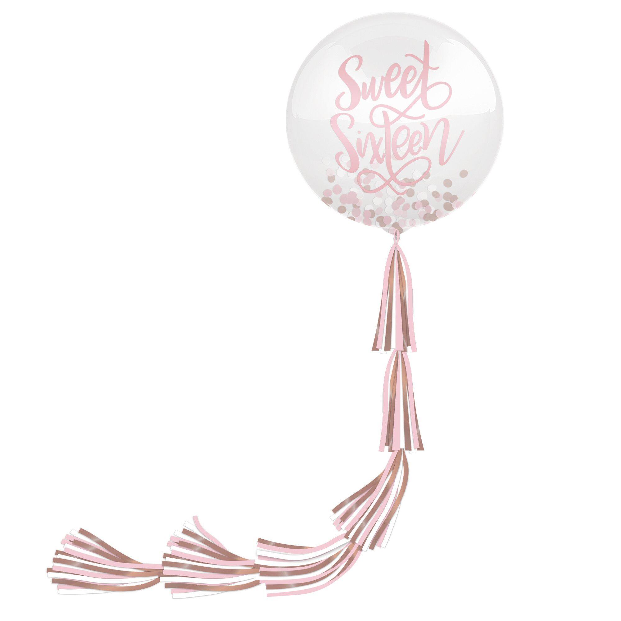 Sweet Sixteen Round Confetti Latex Balloon with Tail, Pink/Rose Gold, 24-inch, 2-pk