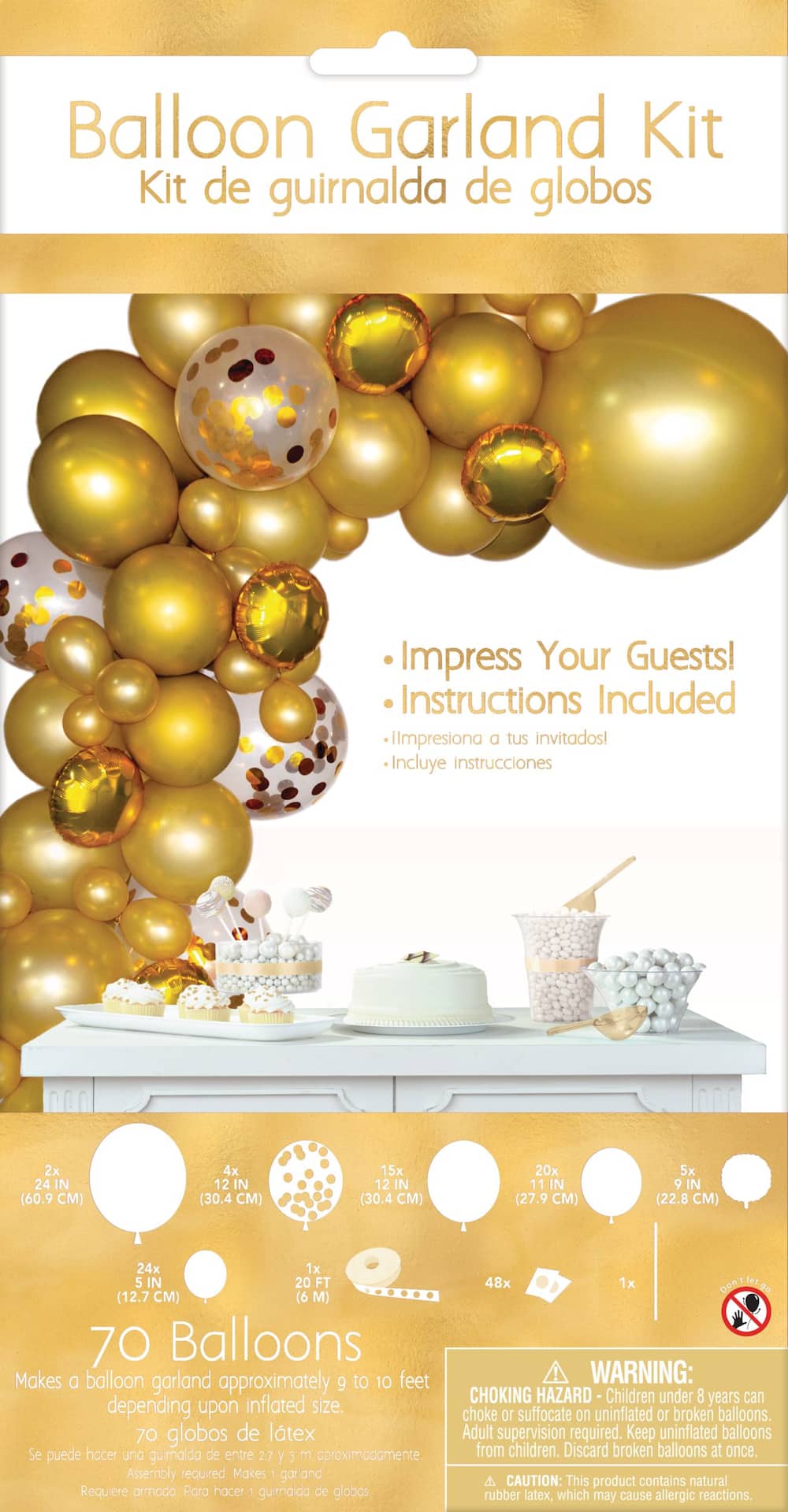 Round Confetti Latex Balloon Garland Kit, Gold/Silver/White, 70-piece