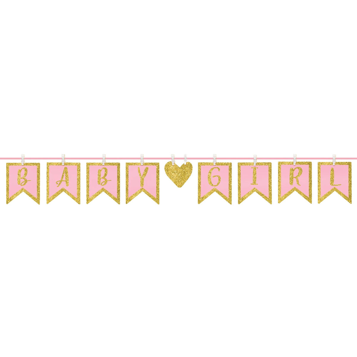 Baby Girl Clothespin Garland Banner, Pink/Gold, 9-inch