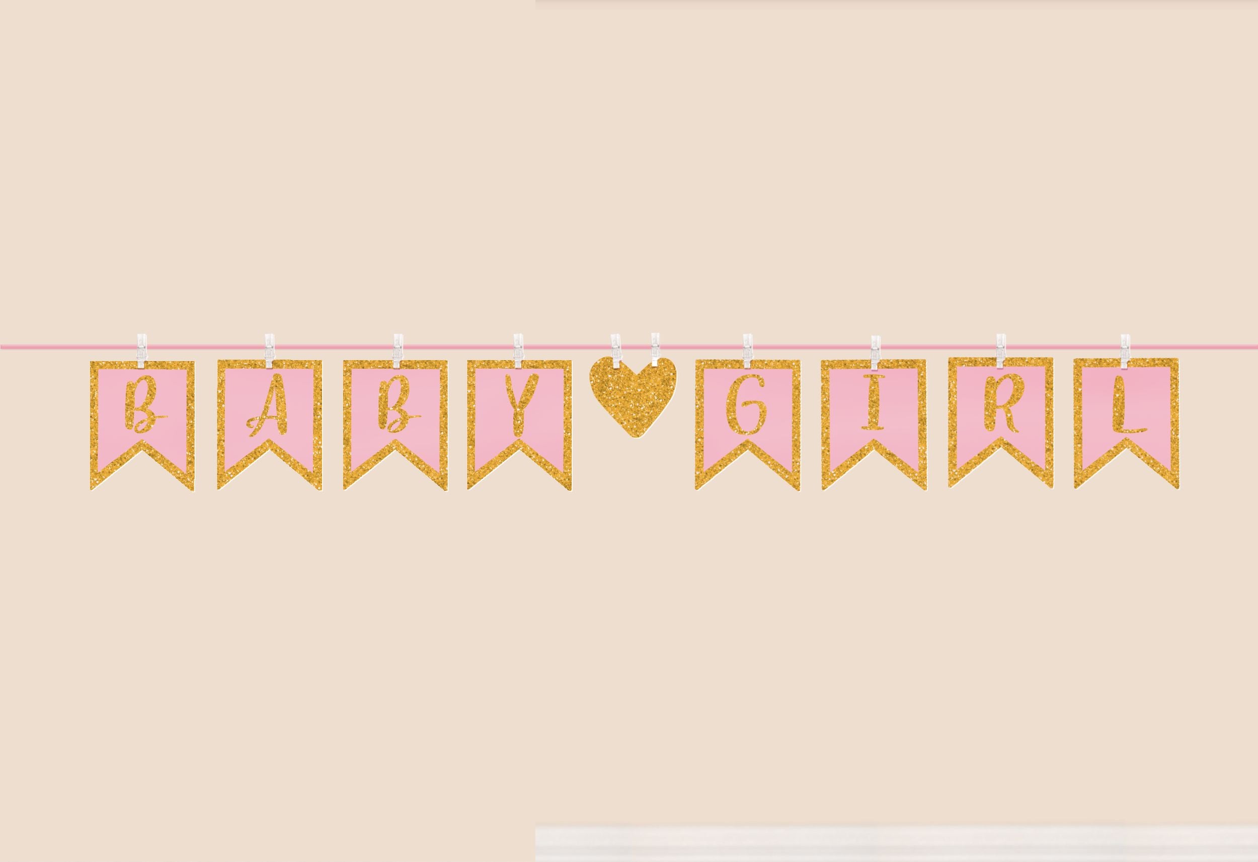 Baby Girl Clothespin Garland Banner, Pink/Gold, 9-inch