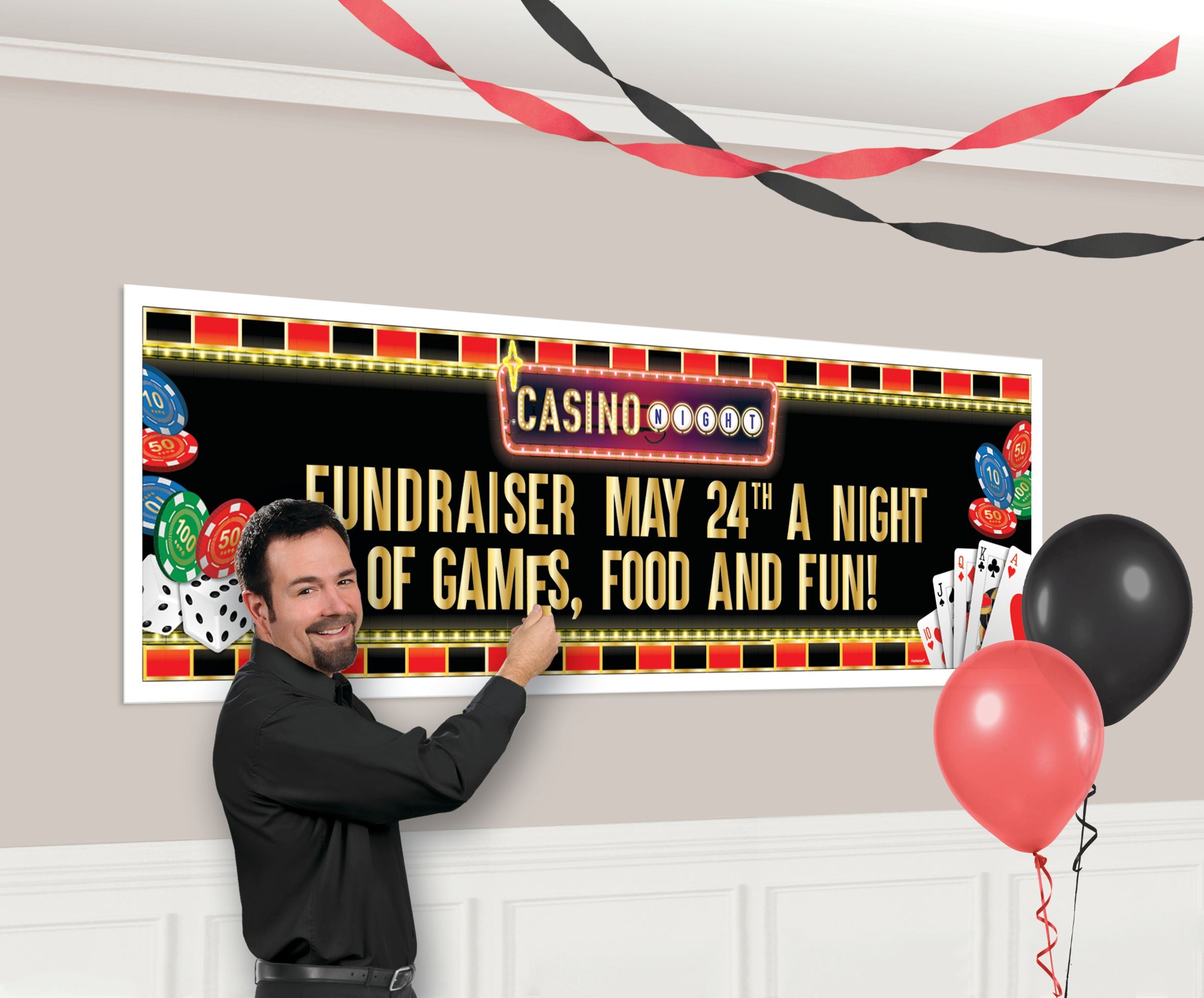 Roll the Dice Casino Banner, Black/Gold, 65-inch Customizable Garland