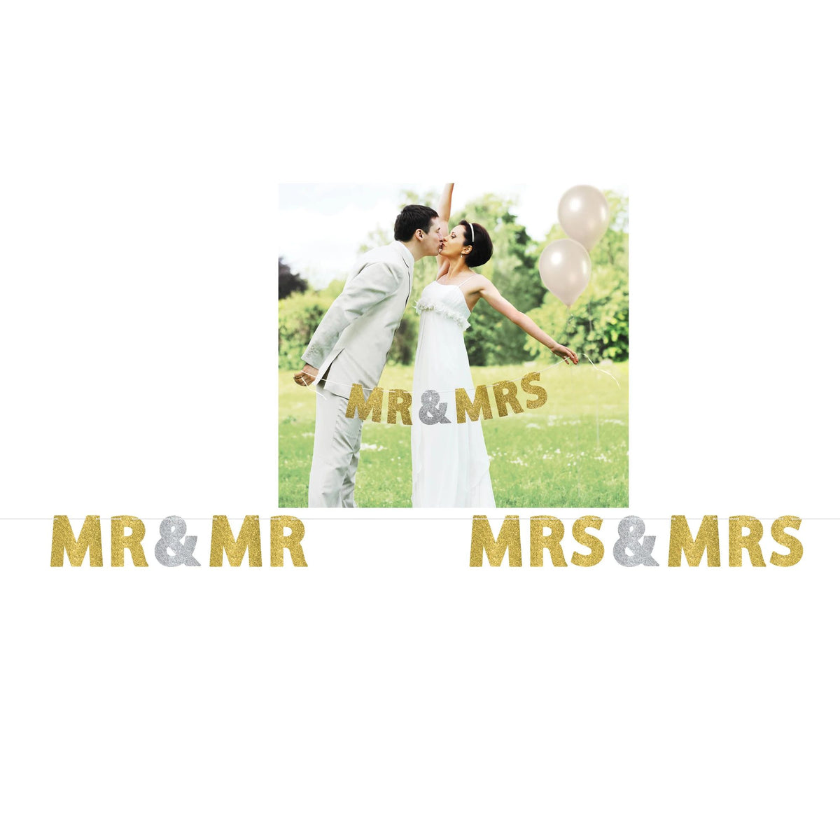 Mr & Mrs Glitter Letter Banner, Gold/Silver, 10.5-inch