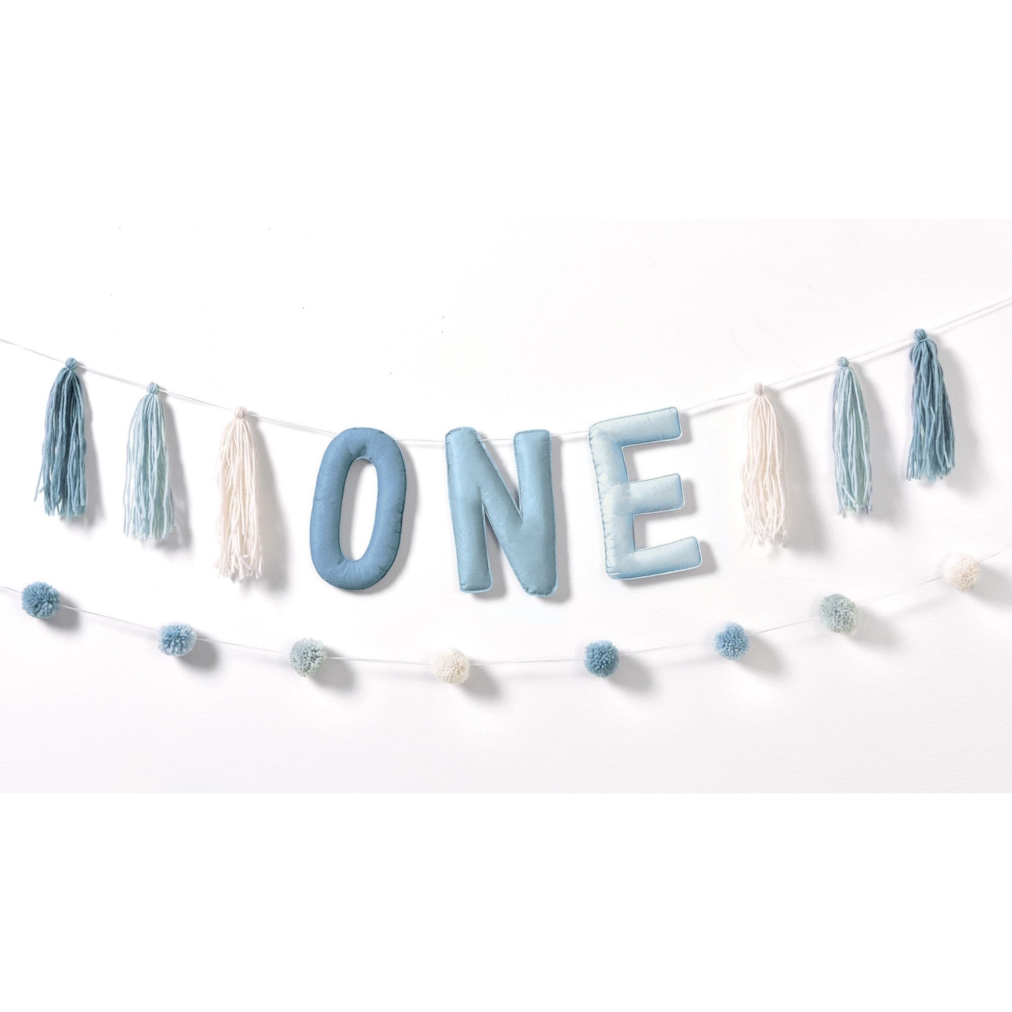 1st Birthday Felt Plush Pom Pom Banner, 9 inch x 8 ft, Blue