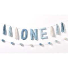 1st Birthday Felt Plush Pom Pom Banner, 9 inch x 8 ft, Blue