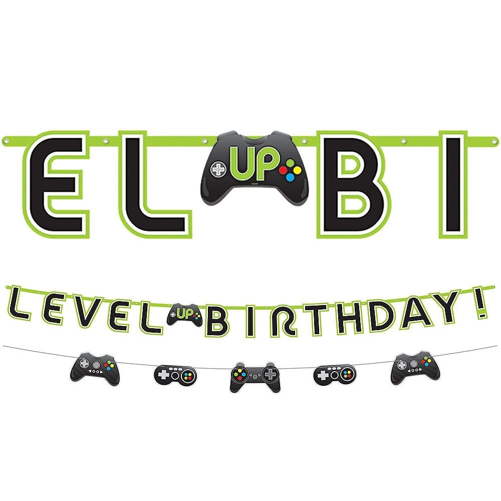 Level Up Birthday Banner, Game Controller, Green/Black, 6.5-inch, 2-pk