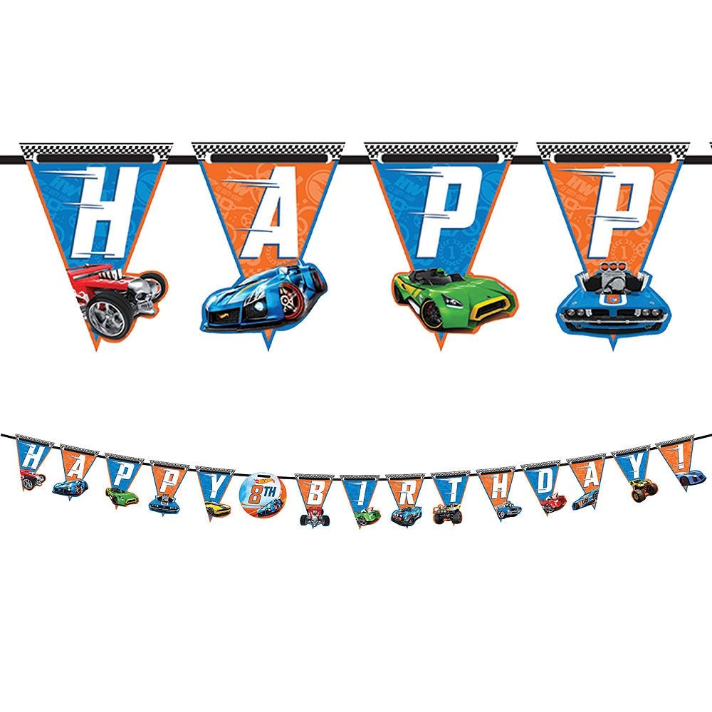 Hot Wheels Customizable Happy Birthday Banner, Blue/Orange, 10.5-foot
