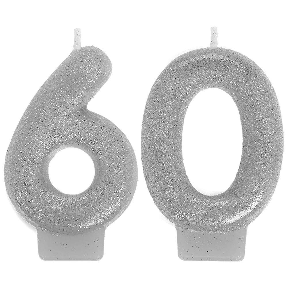 60 Number Glitter Wax Candle, Silver, 3 inch, 2-pk