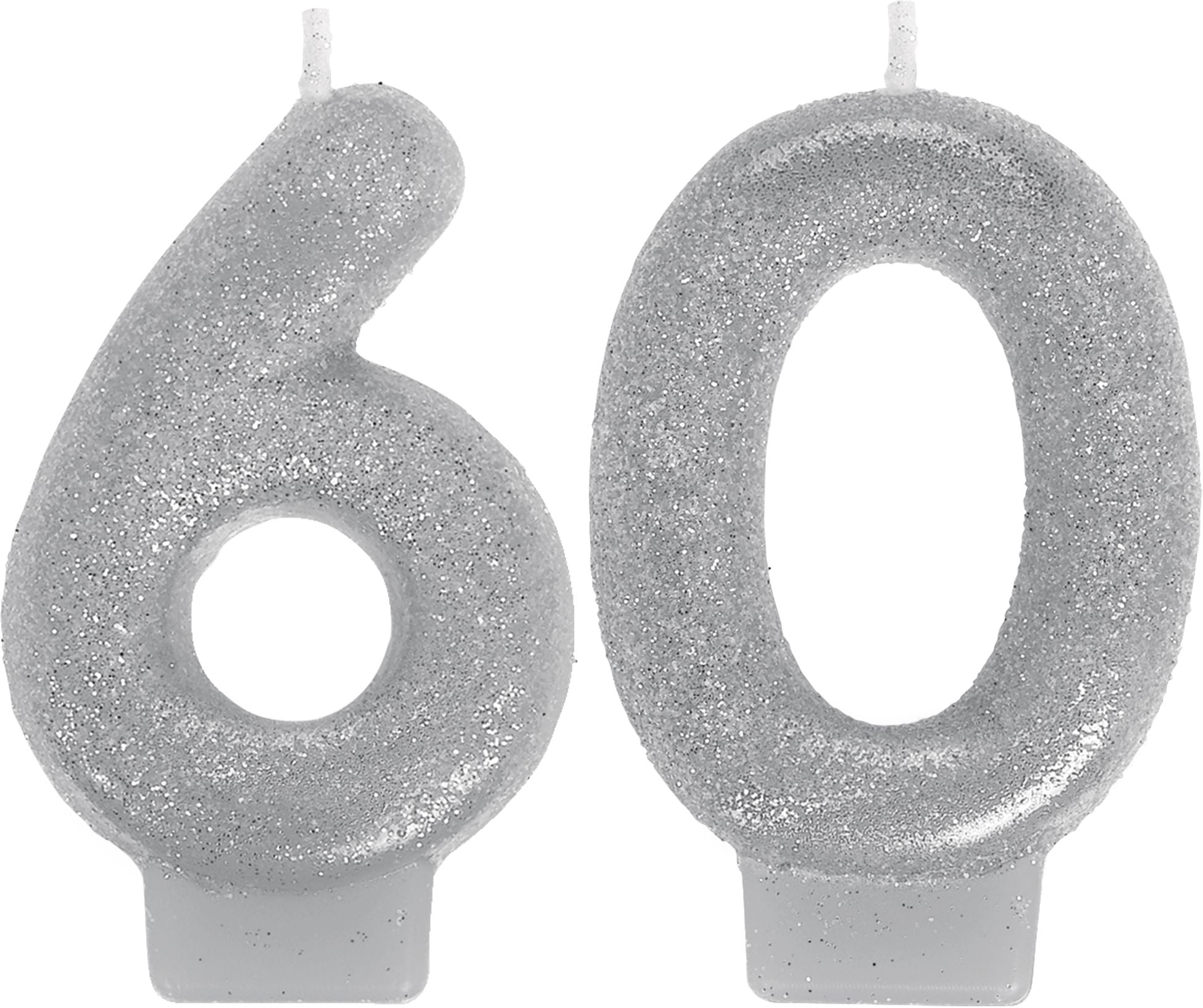 60 Number Glitter Wax Candle, Silver, 3 inch, 2-pk