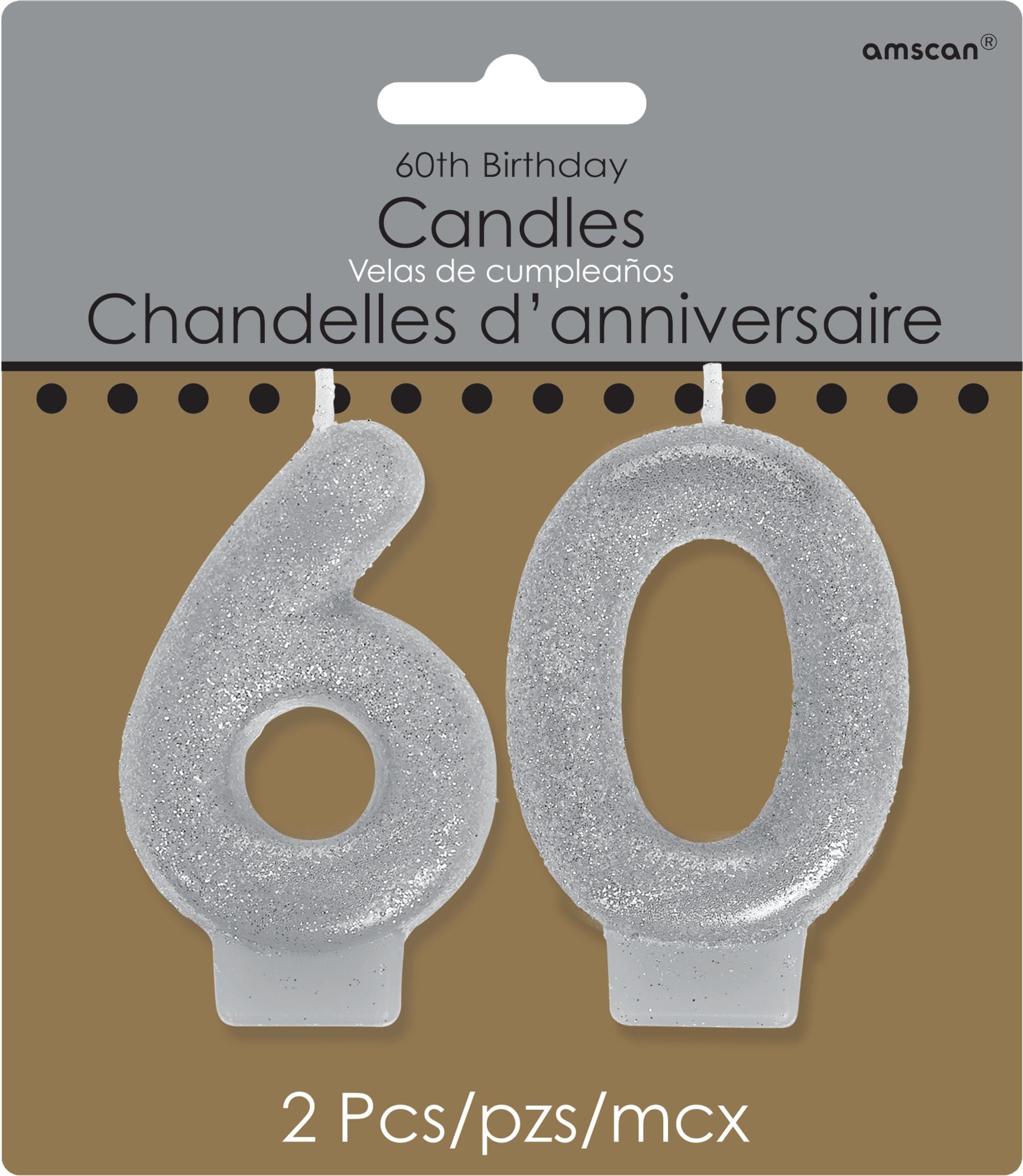 60 Number Glitter Wax Candle, Silver, 3 inch, 2-pk