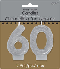 60 Number Glitter Wax Candle, Silver, 3 inch, 2-pk