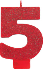 Red Wax Glitter Number 5 Candle, 3.2-in