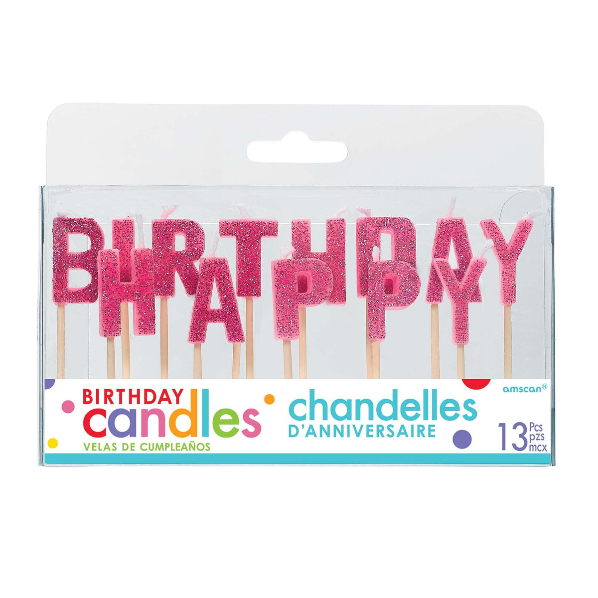 Happy Birthday Letter Glitter Candles, Pink, 3-inch, 13-pk