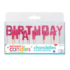 Happy Birthday Letter Glitter Candles, Pink, 3-inch, 13-pk