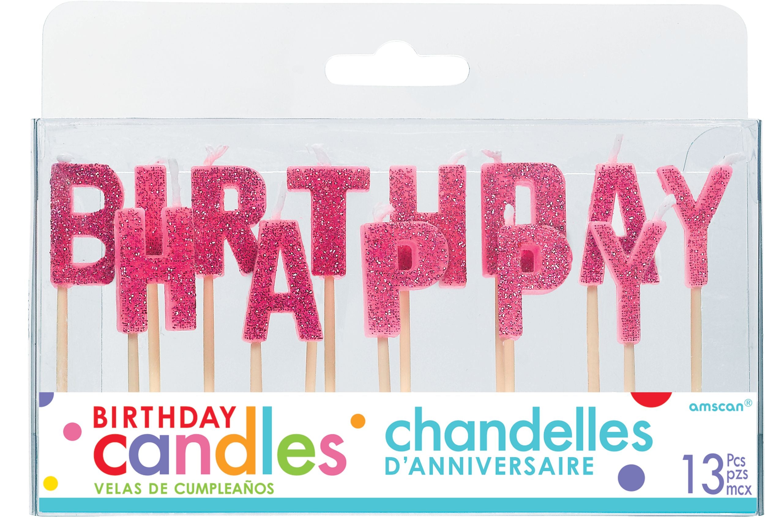 Happy Birthday Letter Glitter Candles, Pink, 3-inch, 13-pk