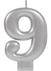 Shimmering Silver Number 9 Birthday Candle, 3.2-inch