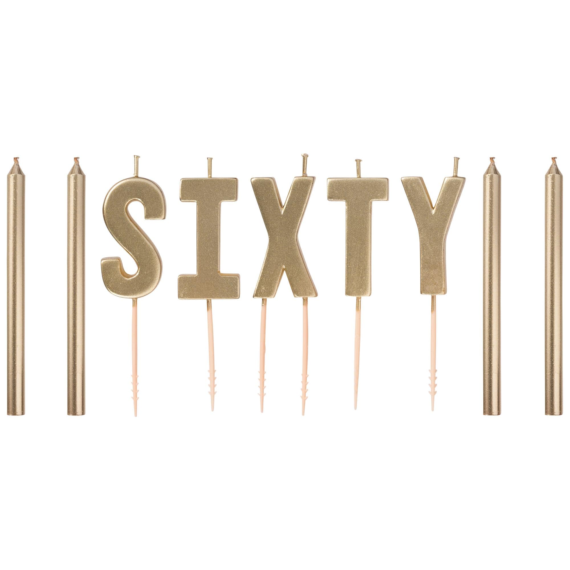 Golden Age Sixty Candle Pick Set, Gold, 4.5 inch, 9-pk