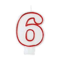 Number 6 Outline Wax Candle, White/Red, 2.2-inch x 3.2-inch