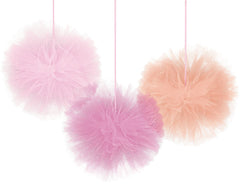 Tissue Tulle Pom Pom Decorations, Pink, 12-inch, 3-pk
