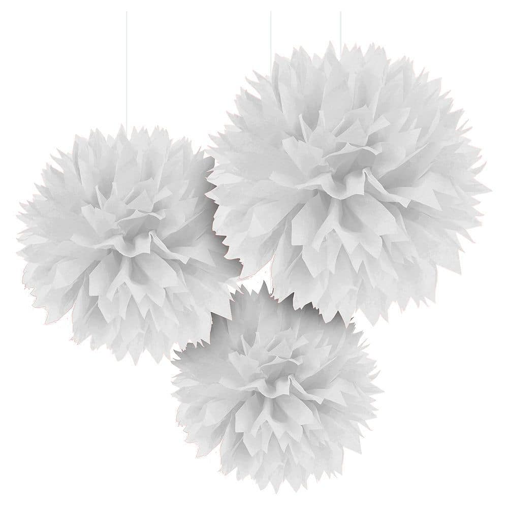 White Fluffy Tissue Pom Pom Decorations, 16-inch, 3-Pack