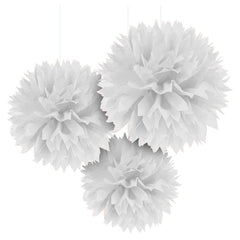 White Fluffy Tissue Pom Pom Decorations, 16-inch, 3-Pack