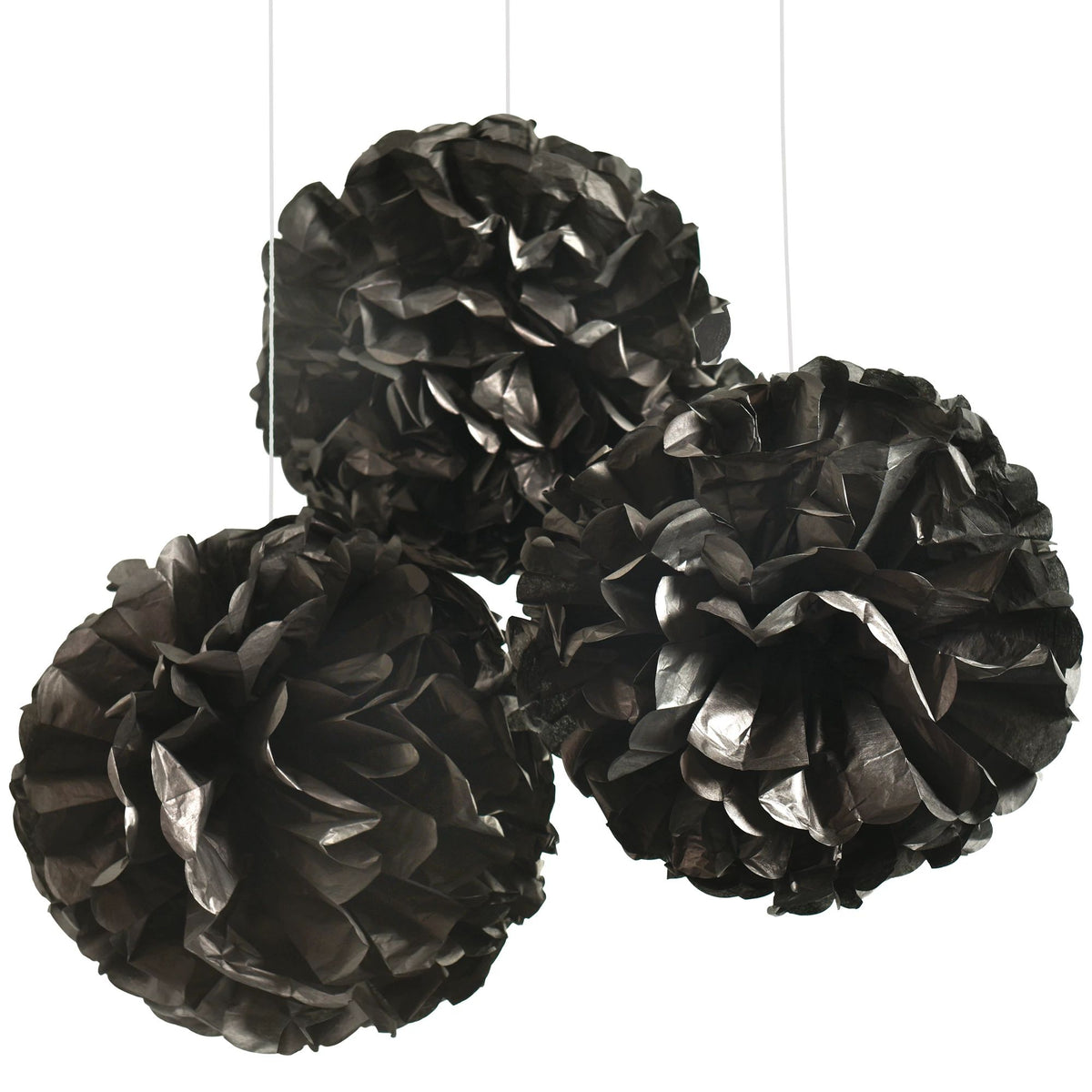 Black Fluffy Tissue Pom Pom Decorations, 16-Inch, 3-Pack