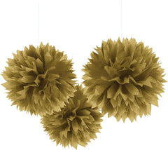 Gold Fluffy Tissue Pom Pom Decorations, 16-inch, 3-Pack