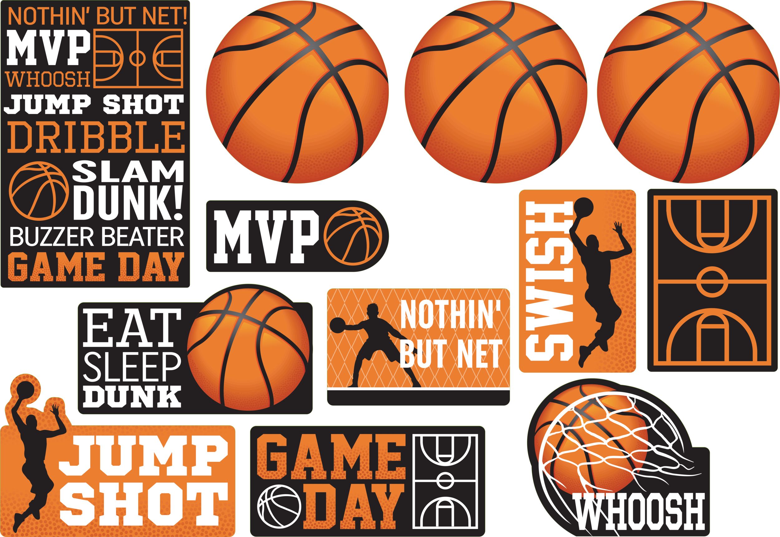 Basketball Table/Wall Cutout Decorations, Orange/Black, 11-inch, 12-pk