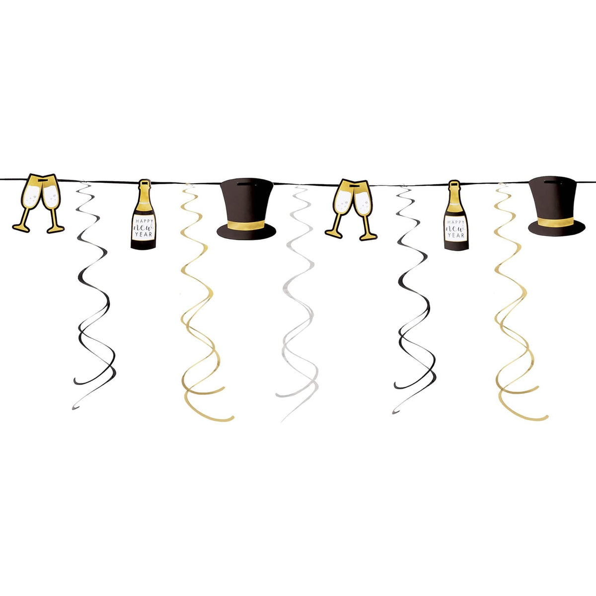 Happy New Year Top Hat & Swirl Garland, Silver/Gold, 9-foot