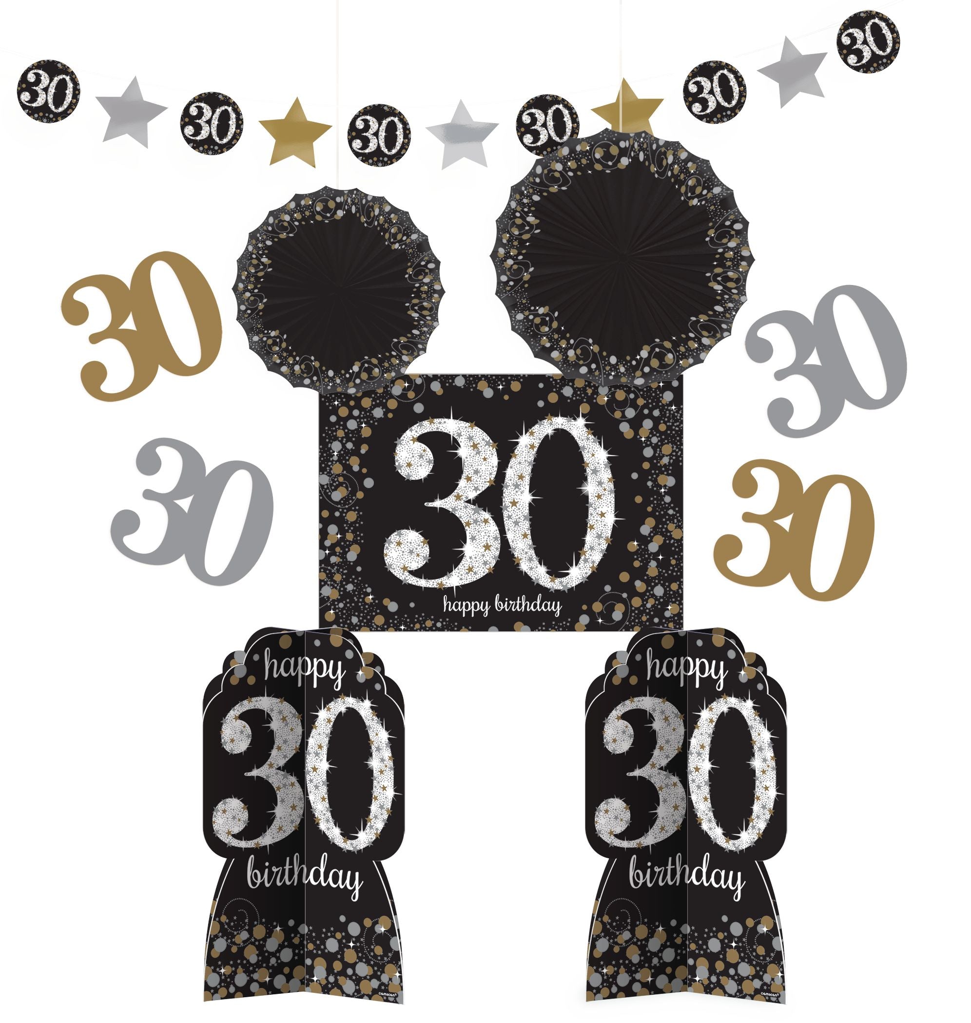 Sparkling Celebration 30th Birthday Decorating Kit, Black/Gold/Silver, 10-inch, 10-pk