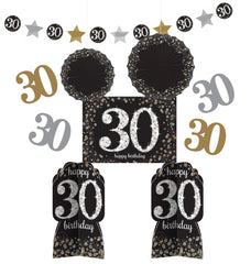 Sparkling Celebration 30th Birthday Decorating Kit, Black/Gold/Silver, 10-inch, 10-pk