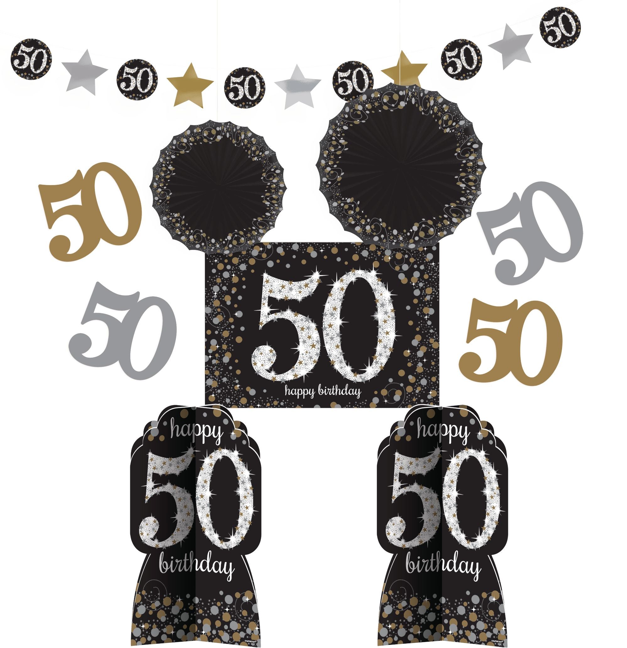Sparkling 50th Birthday Room & Table Decorating Kit, Black/Gold/Silver, 10-inch, 10-pk