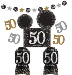 Sparkling 50th Birthday Room & Table Decorating Kit, Black/Gold/Silver, 10-inch, 10-pk